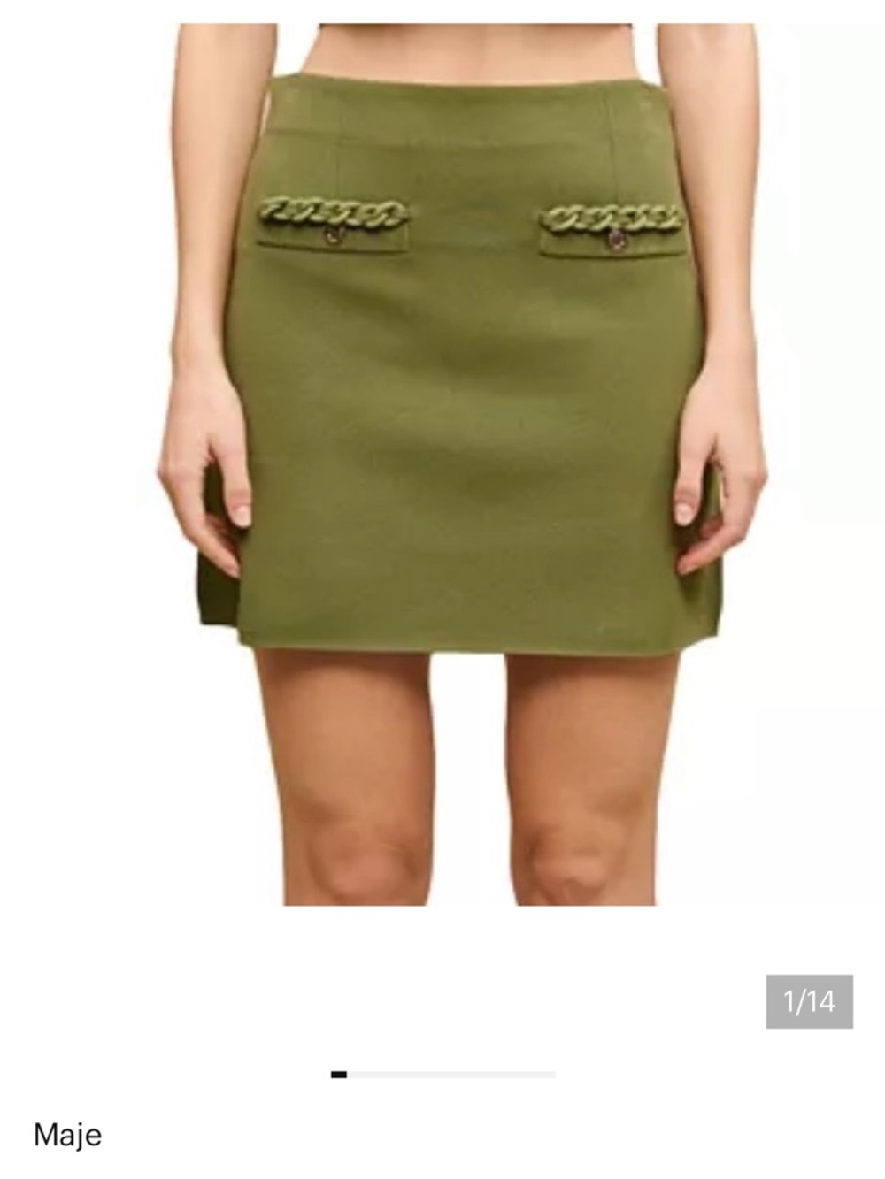 Maje Olive Green Chain-Trim Knit Mini Skirt